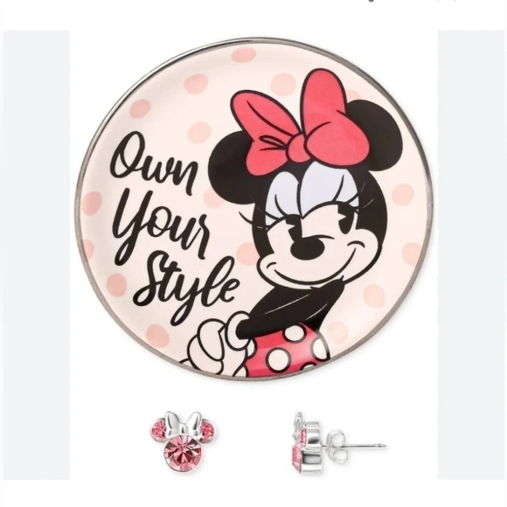 Disney New Minnie Mouse Sterling Silver 925 pink crystal earrings dish gift